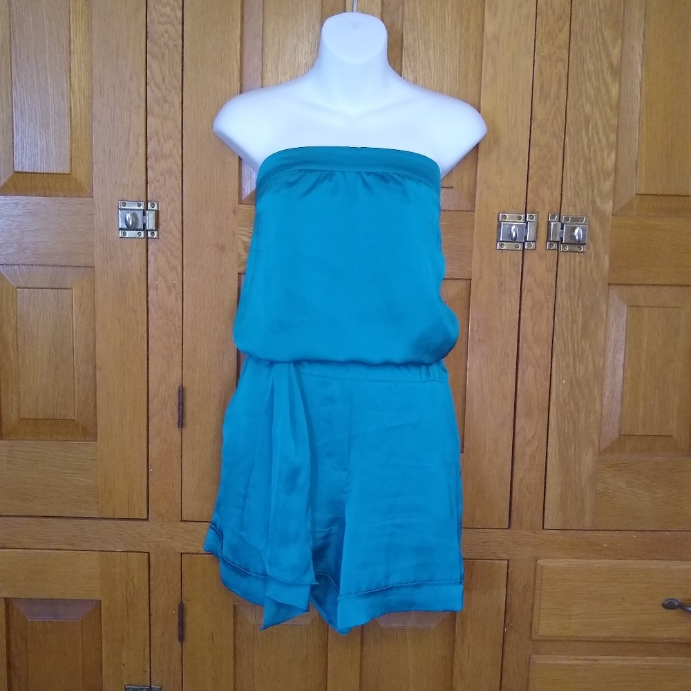 The Limited teal satin strapless tie waist shorts romper